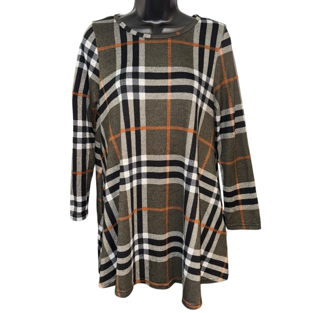 Papillon Women’s Plaid Tunic Top Size Large Stretch Knit Long Sleeve Fall Shirt